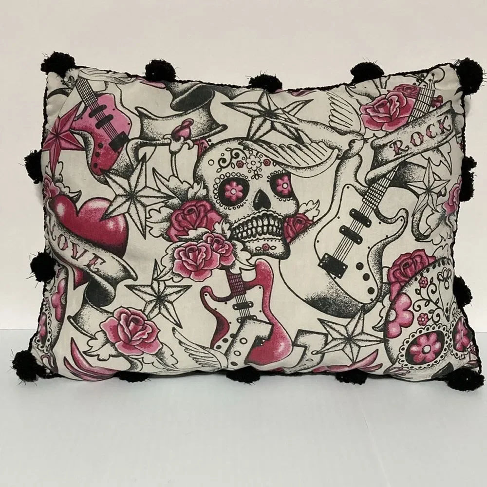 DAY of THE DEAD Rock Guitar Pink Roses Accent Throw Pillow 12 x 8 in Set of 2